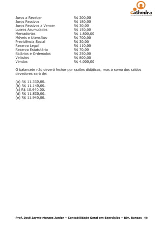 Juros a Receber                     R$   200,00
Juros Passivos                      R$   180,00
Juros Passivos a Vencer             R$   30,00
Lucros Acumulados                   R$   150,00
Mercadorias                         R$   1.800,00
Móveis e Utensílios                 R$   700,00
Previdência Social                  R$   30,00
Reserva Legal                       R$   110,00
Reserva Estatutária                 R$   70,00
Salários e Ordenados                R$   250,00
Veículos                            R$   800,00
Vendas                              R$   4.000,00

O balancete não deverá fechar por razões didáticas, mas a soma dos saldos
devedores será de:

(a) R$ 11.330,00.
(b) R$ 11.140,00.
(c) R$ 10.640,00.
(d) R$ 11.830,00.
(e) R$ 11.940,00.




Prof. José Jayme Moraes Junior – Contabilidade Geral em Exercícios – Div. Bancas   50
 