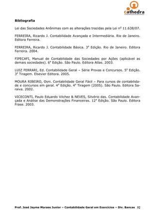 Bibliografia

Lei das Sociedades Anônimas com as alterações trazidas pela Lei no 11.638/07.

FERREIRA, Ricardo J. Contabilidade Avançada e Intermediária. Rio de Janeiro.
Editora Ferreira.

FERREIRA, Ricardo J. Contabilidade Básica. 3a Edição. Rio de Janeiro. Editora
Ferreira. 2004.

FIPECAFI, Manual de Contabilidade das Sociedades por Ações (aplicável as
demais sociedades). 6a Edição. São Paulo. Editora Atlas. 2003.

LUIZ FERRARI, Ed. Contabilidade Geral – Série Provas e Concursos. 5a Edição.
3a Tiragem. Elsevier Editora. 2005.

MOURA RIBEIRO, Osni. Contabilidade Geral Fácil – Para cursos de contabilida-
de e concursos em geral. 4a Edição. 4a Tiragem (2005). São Paulo. Editora Sa-
raiva. 2002.

VICECONTI, Paulo Eduardo Vilchez & NEVES, Silvério das. Contabilidade Avan-
çada e Análise das Demonstrações Financeiras. 12a Edição. São Paulo. Editora
Frase. 2003.




Prof. José Jayme Moraes Junior – Contabilidade Geral em Exercícios – Div. Bancas   52
 