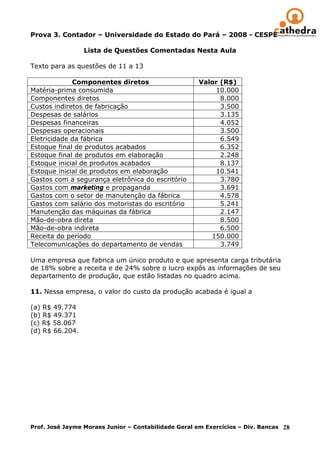 Prova 3. Contador – Universidade do Estado do Pará – 2008 - CESPE

                 Lista de Questões Comentadas Nesta Aula

Texto para as questões de 11 a 13

             Componentes diretos                     Valor (R$)
Matéria-prima consumida                                  10.000
Componentes diretos                                        8.000
Custos indiretos de fabricação                             3.500
Despesas de salários                                       3.135
Despesas financeiras                                       4.052
Despesas operacionais                                      3.500
Eletricidade da fábrica                                    6.549
Estoque final de produtos acabados                         6.352
Estoque final de produtos em elaboração                    2.248
Estoque inicial de produtos acabados                       8.137
Estoque inicial de produtos em elaboração                10.541
Gastos com a segurança eletrônica do escritório            3.780
Gastos com marketing e propaganda                          3.691
Gastos com o setor de manutenção da fábrica                4.578
Gastos com salário dos motoristas do escritório            5.241
Manutenção das máquinas da fábrica                         2.147
Mão-de-obra direta                                         8.500
Mão-de-obra indireta                                       6.500
Receita do período                                      150.000
Telecomunicações do departamento de vendas                 3.749

Uma empresa que fabrica um único produto e que apresenta carga tributária
de 18% sobre a receita e de 24% sobre o lucro expôs as informações de seu
departamento de produção, que estão listadas no quadro acima.

11. Nessa empresa, o valor do custo da produção acabada é igual a

(a) R$ 49.774
(b) R$ 49.371
(c) R$ 58.067
(d) R$ 66.204.




Prof. José Jayme Moraes Junior – Contabilidade Geral em Exercícios – Div. Bancas 28
 