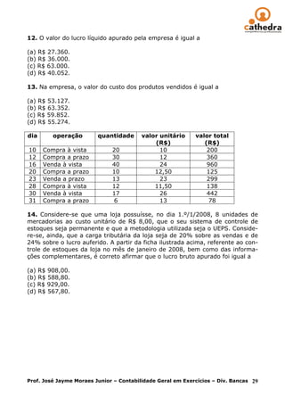 12. O valor do lucro líquido apurado pela empresa é igual a

(a) R$ 27.360.
(b) R$ 36.000.
(c) R$ 63.000.
(d) R$ 40.052.

13. Na empresa, o valor do custo dos produtos vendidos é igual a

(a) R$ 53.127.
(b) R$ 63.352.
(c) R$ 59.852.
(d) R$ 55.274.

dia      operação        quantidade      valor unitário     valor total
                                             (R$)              (R$)
10    Compra à vista          20               10               200
12    Compra a prazo          30               12               360
16    Venda à vista           40               24               960
20    Compra a prazo          10             12,50              125
23    Venda a prazo           13               23               299
28    Compra à vista          12             11,50              138
30    Venda à vista           17               26               442
31    Compra a prazo          6                13                78

14. Considere-se que uma loja possuísse, no dia 1.º/1/2008, 8 unidades de
mercadorias ao custo unitário de R$ 8,00, que o seu sistema de controle de
estoques seja permanente e que a metodologia utilizada seja o UEPS. Conside-
re-se, ainda, que a carga tributária da loja seja de 20% sobre as vendas e de
24% sobre o lucro auferido. A partir da ficha ilustrada acima, referente ao con-
trole de estoques da loja no mês de janeiro de 2008, bem como das informa-
ções complementares, é correto afirmar que o lucro bruto apurado foi igual a

(a) R$ 908,00.
(b) R$ 588,80.
(c) R$ 929,00.
(d) R$ 567,80.




Prof. José Jayme Moraes Junior – Contabilidade Geral em Exercícios – Div. Bancas 29
 
