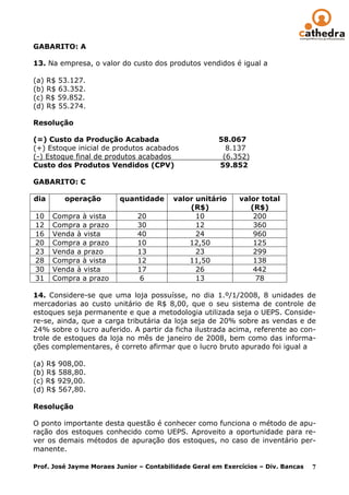 GABARITO: A

13. Na empresa, o valor do custo dos produtos vendidos é igual a

(a) R$ 53.127.
(b) R$ 63.352.
(c) R$ 59.852.
(d) R$ 55.274.

Resolução

(=) Custo da Produção Acabada                         58.067
(+) Estoque inicial de produtos acabados                8.137
(-) Estoque final de produtos acabados                 (6.352)
Custo dos Produtos Vendidos (CPV)                     59.852

GABARITO: C

dia      operação        quantidade      valor unitário     valor total
                                             (R$)              (R$)
10    Compra à vista          20               10               200
12    Compra a prazo          30               12               360
16    Venda à vista           40               24               960
20    Compra a prazo          10             12,50              125
23    Venda a prazo           13               23               299
28    Compra à vista          12             11,50              138
30    Venda à vista           17               26               442
31    Compra a prazo          6                13                78

14. Considere-se que uma loja possuísse, no dia 1.º/1/2008, 8 unidades de
mercadorias ao custo unitário de R$ 8,00, que o seu sistema de controle de
estoques seja permanente e que a metodologia utilizada seja o UEPS. Conside-
re-se, ainda, que a carga tributária da loja seja de 20% sobre as vendas e de
24% sobre o lucro auferido. A partir da ficha ilustrada acima, referente ao con-
trole de estoques da loja no mês de janeiro de 2008, bem como das informa-
ções complementares, é correto afirmar que o lucro bruto apurado foi igual a

(a) R$ 908,00.
(b) R$ 588,80.
(c) R$ 929,00.
(d) R$ 567,80.

Resolução

O ponto importante desta questão é conhecer como funciona o método de apu-
ração dos estoques conhecido como UEPS. Aproveito a oportunidade para re-
ver os demais métodos de apuração dos estoques, no caso de inventário per-
manente.

Prof. José Jayme Moraes Junior – Contabilidade Geral em Exercícios – Div. Bancas   7
 