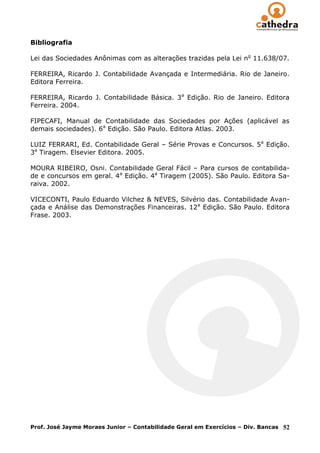 Bibliografia

Lei das Sociedades Anônimas com as alterações trazidas pela Lei no 11.638/07.

FERREIRA, Ricardo J. Contabilidade Avançada e Intermediária. Rio de Janeiro.
Editora Ferreira.

FERREIRA, Ricardo J. Contabilidade Básica. 3a Edição. Rio de Janeiro. Editora
Ferreira. 2004.

FIPECAFI, Manual de Contabilidade das Sociedades por Ações (aplicável as
demais sociedades). 6a Edição. São Paulo. Editora Atlas. 2003.

LUIZ FERRARI, Ed. Contabilidade Geral – Série Provas e Concursos. 5a Edição.
3a Tiragem. Elsevier Editora. 2005.

MOURA RIBEIRO, Osni. Contabilidade Geral Fácil – Para cursos de contabilida-
de e concursos em geral. 4a Edição. 4a Tiragem (2005). São Paulo. Editora Sa-
raiva. 2002.

VICECONTI, Paulo Eduardo Vilchez & NEVES, Silvério das. Contabilidade Avan-
çada e Análise das Demonstrações Financeiras. 12a Edição. São Paulo. Editora
Frase. 2003.




Prof. José Jayme Moraes Junior – Contabilidade Geral em Exercícios – Div. Bancas   52
 