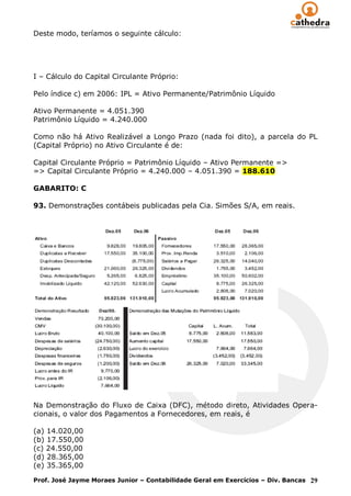 Deste modo, teríamos o seguinte cálculo:




I – Cálculo do Capital Circulante Próprio:

Pelo índice c) em 2006: IPL = Ativo Permanente/Patrimônio Líquido

Ativo Permanente = 4.051.390
Patrimônio Líquido = 4.240.000

Como não há Ativo Realizável a Longo Prazo (nada foi dito), a parcela do PL
(Capital Próprio) no Ativo Circulante é de:

Capital Circulante Próprio = Patrimônio Líquido – Ativo Permanente =>
=> Capital Circulante Próprio = 4.240.000 – 4.051.390 = 188.610

GABARITO: C

93. Demonstrações contábeis publicadas pela Cia. Simões S/A, em reais.




Na Demonstração do Fluxo de Caixa (DFC), método direto, Atividades Opera-
cionais, o valor dos Pagamentos a Fornecedores, em reais, é

(a) 14.020,00
(b) 17.550,00
(c) 24.550,00
(d) 28.365,00
(e) 35.365,00

Prof. José Jayme Moraes Junior – Contabilidade Geral em Exercícios – Div. Bancas 29
 