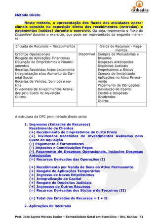 Método Direto

     Neste método, a apresentação dos fluxos das atividades opera-
cionais consiste na exposição direta dos recebimentos (entradas) e
pagamentos (saídas) durante o exercício. Ou seja, representa o fluxo do
Disponível durante o exercício, que pode ser representado da seguinte manei-
ra:

Entrada de Recursos – Recebimentos                    Saída de Recursos - Paga-
                                                               mentos
Créditos Operacionais                    Disponível Compra de Mercadorias e
Resgate de Aplicações Financeiras                   Insumos
Obtenção de Empréstimos e Financi-                  Despesas Antecipadas
amentos                                             Depósitos Judiciais
Receitas Recebidas Antecipadamente                  Empréstimos a Sócios
Integralização e/ou Aumento do Ca-                  Compra de Imobilizado
pital Social                                        Aplicações no Ativo Perma-
Receitas de Vendas, Serviços e ou-                  nente
tras                                                Pagamento de Obrigações
Dividendos de Investimentos Avalia-                 Devolução de Capital
dos pelo Custo de Aquisição                         Custos e Despesas
Outros                                              Dividendos
                                                    Outros



A estrutura da DFC pelo método direto seria:

      1. Ingressos (Entradas de Recursos)
         Recebimento de Clientes
         (+) Recebimento de Empréstimos de Curto Prazo
         (+) Dividendos Recebidos de Investimentos Avaliados pelo
         Custo de Aquisição
         (-) Pagamento a Fornecedores
         (-) Impostos e Contribuições Pagos
         (-) Pagamento de Despesas Operacionais, inclusive Despesas
         Antecipadas
         (=) Recursos Derivados das Operações (I)

         (+)   Recebimento por Venda de Bens do Ativo Permanente
         (+)   Resgate de Aplicações Temporárias
         (+)   Ingresso de Novos Empréstimos
         (+)   Integralização do Capital
         (+)   Resgate de Depósitos Judiciais
         (+)   Ingressos de Outros Recursos
         (=)   Recursos Derivados dos Sócios e de Terceiros (II)

         (=) Total das Entradas de Recursos = I + II

      2. Aplicações de Recursos


Prof. José Jayme Moraes Junior – Contabilidade Geral em Exercícios – Div. Bancas 34
 