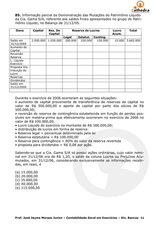 85. Informação parcial da Demonstração das Mutações do Patrimônio Líquido
   da Cia. Gama S/A, referente aos saldos finais apresentados no grupo do Patri-
   mônio Líquido, no Balanço de 31/12/05.

   Itens        Capital   Res. De          Reserva de Lucros        Lucro     Total
                          Capital                                   Acum.
                                      Legal    Estatut. Conting.
Saldo em        2.000.000 1.050.000    200.000  250.000   150.000    15.000 3.665.000
31/12/2005
Aumento de
Capital
Reversão
Reserva
L. Líquido
Exercício
Proposta Dis-
tribuição do
Lucro
Reservas
Dividendos
Saldo em
31/12/2006



   Durante o exercício de 2006 ocorreram as seguintes situações:
   • aumento de capital proveniente de transferência de reservas de capital no
   valor de R$ 500.000,00 e aporte de capital por parte dos sócios de R$
   500.000,00;
   • reversão de reserva de contingência estabelecida em função de perdas pos-
   síveis em matéria-prima que efetivamente ocorreram no exercício de 2006 no
   valor de R$ 100.000,00;
   • Lucro Líquido do exercício no montante de R$ 300.000,00;
   • distribuição de lucros em forma de reserva:
   • Reserva legal = percentual determinado pela lei
   • Reserva estatutária = R$ 100.000,00
   • Reserva para contingência = 80% do valor da reserva revertida
   • proposta para dividendos = R$ 0,08 por ação.

   Sabendo-se que a Cia. Gama S/A só possui ações ordinárias, cujo valor nomi-
   nal em 31/12/06 era de R$ 1,20, o saldo da coluna Lucros ou Prejuízos Acu-
   mulados, em 31/12/06, considerando exclusivamente as informações recebi-
   das, em reais, é

   (a) 15.000,00
   (b) 20.000,00
   (c) 35.000,00
   (d) 40.000,00
   (e) 115.000,00




   Prof. José Jayme Moraes Junior – Contabilidade Geral em Exercícios – Div. Bancas 54
 
