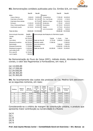 93. Demonstrações contábeis publicadas pela Cia. Simões S/A, em reais.




Na Demonstração do Fluxo de Caixa (DFC), método direto, Atividades Opera-
cionais, o valor dos Pagamentos a Fornecedores, em reais, é

(a) 14.020,00
(b) 17.550,00
(c) 24.550,00
(d) 28.365,00
(e) 35.365,00

94. No levantamento dos custos dos produtos da Cia. Medina S/A obtiveram-
se os seguintes números, em reais:




Considerando-se o critério de margem de contribuição unitária, o produto que
apresenta maior contribuição ou lucratividade é o Modelo

(a) K
(b) L
(c) M
(d) N
(e) O

Prof. José Jayme Moraes Junior – Contabilidade Geral em Exercícios – Div. Bancas 60
 
