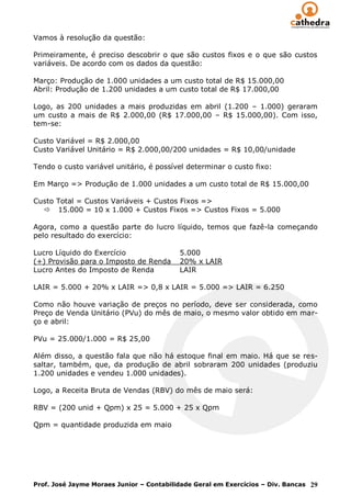 Vamos à resolução da questão:

Primeiramente, é preciso descobrir o que são custos fixos e o que são custos
variáveis. De acordo com os dados da questão:

Março: Produção de 1.000 unidades a um custo total de R$ 15.000,00
Abril: Produção de 1.200 unidades a um custo total de R$ 17.000,00

Logo, as 200 unidades a mais produzidas em abril (1.200 – 1.000) geraram
um custo a mais de R$ 2.000,00 (R$ 17.000,00 – R$ 15.000,00). Com isso,
tem-se:

Custo Variável = R$ 2.000,00
Custo Variável Unitário = R$ 2.000,00/200 unidades = R$ 10,00/unidade

Tendo o custo variável unitário, é possível determinar o custo fixo:

Em Março => Produção de 1.000 unidades a um custo total de R$ 15.000,00

Custo Total = Custos Variáveis + Custos Fixos =>
   15.000 = 10 x 1.000 + Custos Fixos => Custos Fixos = 5.000

Agora, como a questão parte do lucro líquido, temos que fazê-la começando
pelo resultado do exercício:

Lucro Líquido do Exercício                5.000
(+) Provisão para o Imposto de Renda      20% x LAIR
Lucro Antes do Imposto de Renda           LAIR

LAIR = 5.000 + 20% x LAIR => 0,8 x LAIR = 5.000 => LAIR = 6.250

Como não houve variação de preços no período, deve ser considerada, como
Preço de Venda Unitário (PVu) do mês de maio, o mesmo valor obtido em mar-
ço e abril:

PVu = 25.000/1.000 = R$ 25,00

Além disso, a questão fala que não há estoque final em maio. Há que se res-
saltar, também, que, da produção de abril sobraram 200 unidades (produziu
1.200 unidades e vendeu 1.000 unidades).

Logo, a Receita Bruta de Vendas (RBV) do mês de maio será:

RBV = (200 unid + Qpm) x 25 = 5.000 + 25 x Qpm

Qpm = quantidade produzida em maio




Prof. José Jayme Moraes Junior – Contabilidade Geral em Exercícios – Div. Bancas 29
 