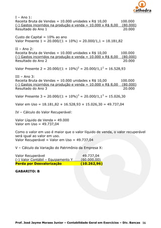 I – Ano 1:
Receita Bruta de Vendas = 10.000 unidades x R$ 10,00         100.000
(-) Gastos incorridos na produção e venda = 10.000 x R$ 8,00 (80.000)
Resultado do Ano 1                                            20.000

Custo de Capital = 10% ao ano
Valor Presente 1 = 20.000/(1 + 10%) = 20.000/1,1 = 18.181,82

II – Ano 2:
Receita Bruta de Vendas = 10.000 unidades x R$ 10,00         100.000
(-) Gastos incorridos na produção e venda = 10.000 x R$ 8,00 (80.000)
Resultado do Ano 2                                            20.000

Valor Presente 2 = 20.000/(1 + 10%) 2 = 20.000/1,12 = 16.528,93

III – Ano 3:
Receita Bruta de Vendas = 10.000 unidades x R$ 10,00         100.000
(-) Gastos incorridos na produção e venda = 10.000 x R$ 8,00 (80.000)
Resultado do Ano 3                                            20.000

Valor Presente 3 = 20.000/(1 + 10%) 3 = 20.000/1,13 = 15.026,30

Valor em Uso = 18.181,82 + 16.528,93 + 15.026,30 = 49.737,04

IV – Cálculo do Valor Recuperável:

Valor Líquido de Venda = 49.000
Valor em Uso = 49.737,04

Como o valor em uso é maior que o valor líquido de venda, o valor recuperável
será igual ao valor em uso.
Valor Recuperável = Valor em Uso = 49.737,04

V – Cálculo da Variação do Patrimônio da Empresa X:

Valor Recuperável                         49.737,04
(-) Valor Contábil – Equipamento Y       (60.000,00)
Perda por Desvalorização                 (10.262,96)

GABARITO: B




Prof. José Jayme Moraes Junior – Contabilidade Geral em Exercícios – Div. Bancas 16
 