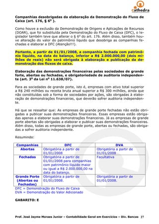 Companhias desobrigadas da elaboração da Demonstração do Fluxo de
Caixa (art. 176, § 6o ).

Como houve a exclusão da Demonstração de Origens e Aplicações de Recursos
(DOAR), que foi substituída pela Demonstração do Fluxo de Caixa (DFC), o le-
gislador também teve que alterar o § 6 o do art. 176. Além disso, também hou-
ve alteração do valor do patrimônio líquido que desobriga as companhias fe-
chadas e elaborar a DFC (Atenção!!!).

Portanto, a partir de 01/01/2008, a companhia fechada com patrimô-
nio líquido, na data do balanço, inferior a R$ 2.000.000,00 (dois mi-
lhões de reais) não será obrigada à elaboração e publicação da de-
monstração dos fluxos de caixa.

Elaboração das demonstrações financeiras pelas sociedades de grande
forte, abertas ou fechadas, e obrigatoriedade de auditoria independen-
te (art. 3o da Lei no 11.638/07).

Para as sociedades de grande porte, isto é, empresas com ativo total superior
a R$ 240 milhões ou receita bruta anual superior a R$ 300 milhões, ainda que
não constituídas sob a forma de sociedades por ações, são obrigadas à elabo-
ração de demonstrações financeiras, que deverão sofrer auditoria independen-
te.

Há que se ressaltar que: As empresas de grande porte fechadas não estão obri-
gadas a publicar suas demonstrações financeiras. Essas empresas estão obriga-
das apenas a elaborar suas demonstrações financeiras. Já as empresas de grande
porte abertas são obrigadas a elaborar e publicar suas demonstrações financeiras.
Além disso, todas as empresas de grande porte, abertas ou fechadas, são obriga-
das a sofrer auditoria independente.

Resumindo:

Companhias                     DFC                              DVA
  Abertas         Obrigatória a partir de           Obrigatória a partir de
                  01/01/2008                        01/01/2008
  Fechadas        Obrigatória a partir de           Facultativa
                  01/01/2008 para companhias
                  com patrimônio líquido maior
                  ou igual a R$ 2.000.000,00 na
                  data do balanço.
Grande Porte      Obrigatória a partir de           Obrigatória a partir de
 (Abertas ou      01/01/2008.                       01/01/2008.
  Fechadas)
DFC = Demonstração do Fluxo de Caixa
DVA = Demonstração do Valor Adicionado

GABARITO: E




Prof. José Jayme Moraes Junior – Contabilidade Geral em Exercícios – Div. Bancas 27
 