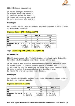 125. O Índice de Liquidez Seca

(a) no ano 2 atinge o menor valor.
(b) atinge o maior valor no ano 3.
(c) menor do período é o do ano 3.
(d) do ano 3 é maior que o do ano 2.
(e) tem o seu menor valor no ano 1.

Resolução

Esta questão não faz parte do conteúdo programático para o ICMS/RJ. Contu-
do, vou resolver a questão:

Liquidez Seca = (AC – Estoques)/PC

                     Ano 1           Ano 2         Ano 3
AC                      9              15            20
ES                      5               9            15
PC                     11              18            18
Liquidez Seca     =(9-5)/11 =     =(15-9)/18 = =(20 -15)/18 =
(LS)              = 4/11 =        = 6/18 =     = 5/18 =
                  = 36,36%        = 33,33%     = 27,78%

Logo, LS (Ano 3) < LS (Ano 2) < LS (Ano 1)

GABARITO: C

126. No setor em que a Cia. Vento Norte atua, a média do Índice de Liquidez
Corrente é 1,0. Em relação a esse índice é correto afirmar que

(a) em todos os anos os índices da empresa são superiores à média do setor.
(b) apenas no ano 1 o índice da empresa supera a média do setor.
(c) só no ano 2 a empresa apresentou um índice menor que a média do setor.
(d) todos os índices da empresa são inferiores à média do setor.
(e) no ano 3 a empresa superou a média do setor.

Resolução

Esta questão também não faz parte do conteúdo programático para o ICMS/RJ.
Contudo, vou resolver a questão:

Liquidez Corrente = AC/PC

                          Ano 1           Ano 2           Ano 3
AC                           9              15              20
PC                          11              18              18
Liquidez Corrente      = 9/11 =        = 15/18 =      = 20/18 =
(LC)                   = 81,82%        = 83,33%       = 111,11%



Prof. José Jayme Moraes Junior – Contabilidade Geral em Exercícios – Div. Bancas 30
 
