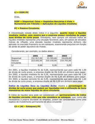 LI = DISP/PC

      Onde,

      DISP = Disponível: Caixa + Depósitos Bancários à Vista +
      Numerários em Trânsito + Aplicações de Liquidez Imediata;

      PC = Passivo Circulante.

A interpretação isolada deste índice é a seguinte: quanto maior a liquidez
imediata, melhor, pois mostra que a empresa possui condições de pagar
suas dívidas de curto prazo. Entretanto, nem sempre um elevado índice de
liquidez imediata representa uma situação favorável, pois, em países de elevados
índices de inflação, uma elevada liquidez imediata representa dinheiro não
aplicado no mercado financeiro ou em estoques, ocasionando prejuízos em função
da perda do poder aquisitivo da moeda.

   Considerando, por exemplo, os dados abaixo:

                           2001              2002             2003
   Disponível             151.917,00         53.705,00        19.639,00
   Passivo                223.692,00        210.159,00       210.793,00
   Circulante
   LI                             0,68              0,26             0,09

Em 2001, a liquidez imediata foi de 0,68, representando que para cada R$ 1,00
de dívida de curto prazo, a empresa dispõe de R$ 0,68 em dinheiro para pagar.
Em 2002, a liquidez imediata foi de 0,26, representando que para cada R$ 1,00
de dívida de curto prazo, a empresa dispõe de R$ 0,26 em dinheiro para pagar.
Em 2003, a liquidez corrente foi de 0,09, representando que para cada R$ 1,00
de dívida de curto prazo, a empresa dispõe de R$ 0,09 em dinheiro para pagar.

Índice de Liquidez Seca ou Liquidez Ácida: mostra a porcentagem de
dívidas de curto prazo que podem ser liquidadas com a utilização de itens
monetários de maior liquidez do ativo circulante.

O índice de liquidez seca pode ser considerado um aprimoramento do índice
de liquidez corrente, visto que não considera os estoques, que, como são
necessários à própria atividade da empresa, podem ser considerados como uma
espécie de investimento permanente do ativo circulante.

      LS = (AC – Estoques)/PC




Prof. José Jayme Moraes Junior – Contabilidade em Exercícios – Diversas Bancas   23
 