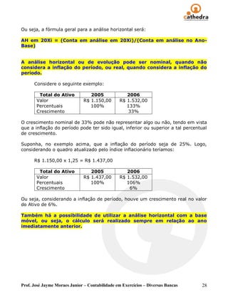 Ou seja, a fórmula geral para a análise horizontal será:

AH em 20Xi = (Conta em análise em 20Xi)/(Conta em análise no Ano-
Base)


A análise horizontal ou de evolução pode ser nominal, quando não
considera a inflação do período, ou real, quando considera a inflação do
período.

      Considere o seguinte exemplo:

        Total do Ativo            2005              2006
       Valor                   R$ 1.150,00       R$ 1.532,00
       Percentuais                100%              133%
       Crescimento                                   33%

O crescimento nominal de 33% pode não representar algo ou não, tendo em vista
que a inflação do período pode ter sido igual, inferior ou superior a tal percentual
de crescimento.

Suponha, no exemplo acima, que a inflação do período seja de 25%. Logo,
considerando o quadro atualizado pelo índice inflacionário teríamos:

      R$ 1.150,00 x 1,25 = R$ 1.437,00

        Total do Ativo            2005              2006
       Valor                   R$ 1.437,00       R$ 1.532,00
       Percentuais                100%              106%
       Crescimento                                   6%

Ou seja, considerando a inflação de período, houve um crescimento real no valor
do Ativo de 6%.

Também há a possibilidade de utilizar a análise horizontal com a base
móvel, ou seja, o cálculo será realizado sempre em relação ao ano
imediatamente anterior.




Prof. José Jayme Moraes Junior – Contabilidade em Exercícios – Diversas Bancas   28
 