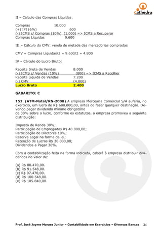 II – Cálculo das Compras Líquidas:

Compras               10.000
(+) IPI (6%)                   600
(-) ICMS s/ Compras (10%) (1.000) => ICMS a Recuperar
Compras Líquidas            9.600

III – Cálculo do CMV: venda de metade das mercadorias compradas

CMV = Compras Líquidas/2 = 9.600/2 = 4.800

IV – Cálculo do Lucro Bruto:

Receita Bruta de Vendas              8.000
(-) ICMS s/ Vendas (10%)              (800) => ICMS a Recolher
Receita Líquida de Vendas            7.200
(-) CMV                              (4.800)
Lucro Bruto                          2.400

GABARITO: C

152. (ATM-Natal/RN-2008) A empresa Mercearia Comercial S/A auferiu, no
exercício, um lucro de R$ 600.000,00, antes de fazer qualquer destinação. De-
vendo pagar dividendo mínimo obrigatório
de 30% sobre o lucro, conforme os estatutos, a empresa promoveu a seguinte
distribuição:

Imposto de Renda 30%;
Participação de Empregados R$ 40.000,00;
Participação de Diretores 10%;
Reserva Legal na forma da lei;
Retenção de Lucros R$ 30.000,00;
Dividendos a Pagar 30%.

Com a contabilização feita na forma indicada, caberá à empresa distribuir divi-
dendos no valor de:

(a) R$ 88.470,00.
(b) R$ 91.548,00.
(c) R$ 97.470,00.
(d) R$ 100.548,00.
(e) R$ 105.840,00.




Prof. José Jayme Moraes Junior – Contabilidade em Exercícios – Diversas Bancas   24
 