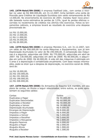 145. (ATM-Natal/RN-2008) A empresa Fastfood Ltda., com contas a rece-
ber no valor de R$ 800.000,00, em 31.12.2007, tinha também uma conta de
Provisão para Créditos de Liquidação Duvidosa com saldo remanescente de R$
13.000,00. No encerramento do exercício de 2007, mandou fazer nova provi-
são baseada numa estimativa de perdas de 3,5%, igual às perdas efetivas o-
corridas no recebimento de créditos nos últimos três exercícios. Feitos os lan-
çamentos cabíveis, a empresa levará ao resultado do exercício uma despesa
provisionada de:

(a) R$ 15.000,00.
(b) R$ 13.000,00.
(c) R$ 11.000,00.
(d) R$ 24.000,00.
(e) R$ 28.000,00.

146. (ATM-Natal/RN-2008) A empresa Meireles S.A., em 31.12.2007, tem
um saldo de R$ 900.000,00 na conta Máquinas e Equipamentos, que já tem
Depreciação Acumulada no valor de R$ 240.000,00. A composição das máqui-
nas é a seguinte: adquiridas até 2006: R$ 770.000,00; adquiridas em abril de
2007: R$ 130.000,00; adquiridas em abril de 2008: R$ 80.000,00; e adquiri-
das em julho de 2008: R$ 60.000,00. A vida útil das máquinas é estimada em
5 anos e a depreciação é contabilizada anualmente. Com base nessas informa-
ções, pode-se dizer que a despesa de depreciação, no exercício social de 2008,
será de:

(a) R$ 18.000,00.
(b) R$ 150.000,00.
(c) R$ 191.500,00.
(d) R$ 198.000,00.
(e) R$ 208.000,00.

147. (ATM-Natal/RN-2008) Os Armazéns da Esquina S/A mantêm, em seu
plano de contas, os títulos a seguir relacionados, entre outros, os quais apre-
sentam os seguintes saldos:

Contas                                          Saldos
Duplicatas a Pagar                              R$ 90.000,00
Duplicatas Descontadas                          R$ 60.000,00
Duplicatas a Receber                            R$ 50.000,00
Duplicatas a Vencer                             R$ 30.000,00
Depreciação Acumulada                           R$ 9.000,00
Encargos de Depreciação                         R$ 8.000,00
Impostos a Pagar                                R$ 6.000,00
Impostos a Vencer                               R$ 5.000,00
Impostos a Recolher                             R$ 3.000,00
Impostos a Recuperar                            R$ 2.800,00
Aluguéis Passivos                               R$ 4.000,00
Aluguéis a Pagar                                R$ 2.000,00
Aluguéis Ativos                                 R$ 1.900,00
Aluguéis a Receber                              R$ 1.500,00


Prof. José Jayme Moraes Junior – Contabilidade em Exercícios – Diversas Bancas   33
 
