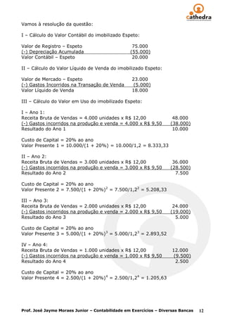 Vamos à resolução da questão:

I – Cálculo do Valor Contábil do imobilizado Espeto:

Valor de Registro – Espeto                        75.000
(-) Depreciação Acumulada                        (55.000)
Valor Contábil – Espeto                           20.000

II – Cálculo do Valor Líquido de Venda do imobilizado Espeto:

Valor de Mercado – Espeto                         23.000
(-) Gastos Incorridos na Transação de Venda        (5.000)
Valor Líquido de Venda                            18.000

III – Cálculo do Valor em Uso do imobilizado Espeto:

I – Ano 1:
Receita Bruta de Vendas = 4.000 unidades x R$ 12,00                 48.000
(-) Gastos incorridos na produção e venda = 4.000 x R$ 9,50        (38.000)
Resultado do Ano 1                                                  10.000

Custo de Capital = 20% ao ano
Valor Presente 1 = 10.000/(1 + 20%) = 10.000/1,2 = 8.333,33

II – Ano 2:
Receita Bruta de Vendas = 3.000 unidades x R$ 12,00                 36.000
(-) Gastos incorridos na produção e venda = 3.000 x R$ 9,50        (28.500)
Resultado do Ano 2                                                   7.500

Custo de Capital = 20% ao ano
Valor Presente 2 = 7.500/(1 + 20%)2 = 7.500/1,22 = 5.208,33

III – Ano 3:
Receita Bruta de Vendas = 2.000 unidades x R$ 12,00                 24.000
(-) Gastos incorridos na produção e venda = 2.000 x R$ 9,50        (19.000)
Resultado do Ano 3                                                   5.000

Custo de Capital = 20% ao ano
Valor Presente 3 = 5.000/(1 + 20%) 3 = 5.000/1,23 = 2.893,52

IV – Ano 4:
Receita Bruta de Vendas = 1.000 unidades x R$ 12,00                 12.000
(-) Gastos incorridos na produção e venda = 1.000 x R$ 9,50          (9.500)
Resultado do Ano 4                                                    2.500

Custo de Capital = 20% ao ano
Valor Presente 4 = 2.500/(1 + 20%) 4 = 2.500/1,24 = 1.205,63




Prof. José Jayme Moraes Junior – Contabilidade em Exercícios – Diversas Bancas   12
 