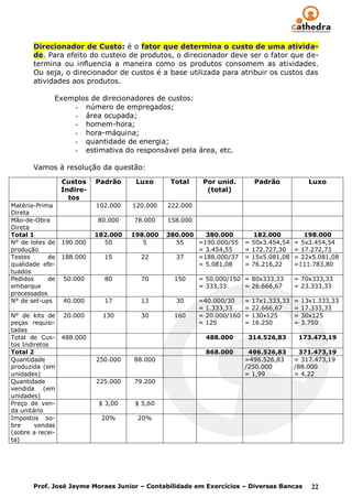 Direcionador de Custo: é o fator que determina o custo de uma ativida-
       de. Para efeito do custeio de produtos, o direcionador deve ser o fator que de-
       termina ou influencia a maneira como os produtos consomem as atividades.
       Ou seja, o direcionador de custos é a base utilizada para atribuir os custos das
       atividades aos produtos.

              Exemplos de direcionadores de custos:
                  - número de empregados;
                  - área ocupada;
                  - homem-hora;
                  - hora-máquina;
                  - quantidade de energia;
                  - estimativa do responsável pela área, etc.

       Vamos à resolução da questão:

                  Custos    Padrão     Luxo      Total     Por unid.         Padrão              Luxo
                  Indire-                                   (total)
                    tos
Matéria-Prima               102.000   120.000   222.000
Direta
Mão-de-Obra                 80.000    78.000    158.000
Direta
Total 1                     182.000   198.000   380.000   380.000            182.000          198.000
N° de lotes de    190.000     50         5        55    =190.000/55      =   50x3.454,54   = 5x3.454,54
produção                                                = 3.454,55       =   172.727,30    = 17.272,73
Testes      de    188.000     15        22        37    =188.000/37      =   15x5.081,08   = 22x5.081,08
qualidade efe-                                          = 5.081,08       =   76.216,22     =111.783,80
tuados
Pedidos     de    50.000      80        70        150     = 50.000/150 = 80x333,33         = 70x333,33
embarque                                                  = 333,33     = 26.666,67         = 23.333,33
processados
N° de set-ups     40.000      17        13        30      =40.000/30     =   17x1.333,33   =   13x1.333,33
                                                          = 1.333,33     =   22.666,67     =   17.333,33
N° de kits de     20.000      130       30        160     = 20.000/160   =   130x125       =   30x125
peças requisi-                                            = 125          =   16.250        =   3.750
tadas
Total de Cus-     488.000                                   488.000      314.526,83         173.473,19
tos Indiretos
Total 2                                                     868.000       496.526,83         371.473,19
Quantidade                  250.000   88.000                             =496.526,83       = 317.473,19
produzida (em                                                            /250.000          /88.000
unidades)                                                                = 1,99            = 4,22
Quantidade                  225.000   79.200
vendida (em
unidades)
Preço de ven-                $ 3,00    $ 5,60
da unitário
Impostos so-                 20%       20%
bre     vendas
(sobre a recei-
ta)




       Prof. José Jayme Moraes Junior – Contabilidade em Exercícios – Diversas Bancas             22
 