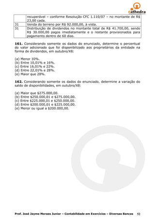 recuperável – conforme Resolução CFC 1.110/07 – no montante de R$
        23,00 cada.
31      Venda do terreno por R$ 92.000,00, à vista.
31      Distribuição de dividendos no montante total de R$ 41.700,00, sendo
        R$ 30.000,00 pagos imediatamente e o restante provisionados para
        pagamento dentro de 60 dias.

161. Considerando somente os dados do enunciado, determine o percentual
do valor adicionado que foi disponibilizado aos proprietários da entidade na
forma de dividendos, em outubro/X8:

(a) Menor 10%.
(b) Entre 10,01% e 16%.
(c) Entre 16,01% e 22%.
(d) Entre 22,01% e 28%.
(e) Maior que 28%.

162. Considerando somente os dados do enunciado, determine a variação do
saldo de disponibilidades, em outubro/X8:

(a) Maior que $275.000,00.
(b) Entre $250.000,01 e $275.000,00.
(c) Entre $225.000,01 e $250.000,00.
(d) Entre $200.000,01 e $225.000,00.
(e) Menor ou igual a $200.000,00.




Prof. José Jayme Moraes Junior – Contabilidade em Exercícios – Diversas Bancas   52
 