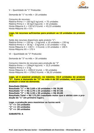 V – Quantidade de “1” Produzida:

Demanda de “1” no mês = 20 unidades

Consumo de recursos:
Matéria-Prima i = 150 kg/2 kg/unid. = 75 unidades
Matéria-Prima ii = 30 kg/3 kg/unid. = 10 unidades
Horas-Máquina X = 130 h/3 h/unid. = 43,33 unidades
Horas-Máquina XX = 0 h

Logo, há recursos suficientes para produzir as 10 unidades do produto
“1”.

Saldo dos recursos disponíveis após produto “1”:
Matéria-Prima i = 150 kg – 2 kg/unid. x 10 unidades = 130 kg
Matéria-Prima ii = 30 kg – 3 kg/unid. x 10 unidades = 0 kg
Horas-Máquina X = 130 h – 3 h/unid. x 10 unidades = 100 h
Horas-Máquina XX = 175 h

VI – Quantidade de “3” Produzida:

Demanda de “3” no mês = 30 unidades

Consumo máximo de recursos para produção de “3”
Matéria-Prima i = 130kg/4 kg/unid. = 32,5 unidades
Matéria-Prima ii = 0 kg
Horas-Máquina X = 100h/2 h/unid. = 50 unidades
Horas-Máquina XX = 175h/3 h/unid. = 58,33 unidades

Logo, só é possível produzir, no máximo, 32,5 unidades do produto
“3”. Como a demanda de “3” no mês é de 30 unidades, será possível
produzir o total da demanda.

Resultado Obtido:
Resultado “1” = R$ 3,60 x 10 unidades = R$ 36,00
Resultado “2” = R$ 2,70 x 25 unidades = R$ 67,50
Resultado “3” = R$ 2,30 x 30 unidades = R$ 69,00
Resultado Total = R$ 172,50 (resultado maior que o obtido com a pro-
dução de “1” em primeiro lugar).

Logo, a produção para maximizar os lucros será:
“1” => 10 unidades
“2” => 25 unidades
“3” => 30 unidades

GABARITO: A




Prof. José Jayme Moraes Junior – Contabilidade em Exercícios – Diversas Bancas   27
 