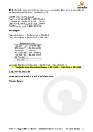 162. Considerando somente os dados do enunciado, determine a variação do
saldo de disponibilidades, em outubro/X8:

(a) Maior que $275.000,00.
(b) Entre $250.000,01 e $275.000,00.
(c) Entre $225.000,01 e $250.000,00.
(d) Entre $200.000,01 e $225.000,00.
(e) Menor ou igual a $200.000,00.

Resolução

Disponibilidades – Saldo Inicial = 100.000
Disponibilidades – Saldo Final = 229.000


           Disponibilidades
      100.000 - SI 70.000 (III)
      250.000 (V) 90.000 (VII)
      40.000 (VI)    45.000 (IX)
      72.000(VIII) 140.000 (XI)
       50.000 (X)   30.000 (XVI)
      92.000 (XV)
        229.000

Variação das Disponibilidades = Saldo Final – Saldo Inicial =>
    Variação das Disponibilidades = 229.000 – 100.000 = 129.000

GABARITO: Anulada

Bons estudos a todos e até a próxima aula,

Moraes Junior




Prof. José Jayme Moraes Junior – Contabilidade em Exercícios – Diversas Bancas   44
 