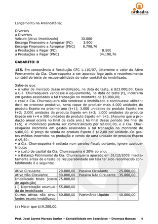 Lançamento na Arrendatária:

Diversos
a Diversos
Veículo (Ativo Imobilizado)               30.000
Encargo Financeiro a Apropriar (PC)        3.900
Encargo Financeiro a Apropriar (PNC)       8.790,76
a Prestações a Pagar (PC)                              8.500
a Prestações a Pagar (PNC)                            34.190,76

GABARITO: D

155. Em consonância à Resolução CFC 1.110/07, determine o valor do Ativo
Permanente da Cia. Churrasqueira a ser apurado logo após o reconhecimento
contábil do teste de recuperabilidade do valor contábil do imobilizado.

Sabe-se que:
• o valor de mercado desse imobilizado, na data do teste, é $23.000,00. Caso
a Cia. Churrasqueira vendesse o equipamento, na data do teste (t), incorreria
em gastos associados a tal transação no montante de $5.000,00;
• caso a Cia. Churrasqueira não vendesse o imobilizado e continuasse utilizan-
do-o no processo produtivo, seria capaz de produzir mais 4.000 unidades do
produto Espeto no próximo ano (t+1); 3.000 unidades do produto Espeto em
t+2; 2.000 unidades do produto Espeto em t+3; 1.000 unidades do produto
Espeto em t+4 e 500 unidades do produto Espeto em t+5. (Assuma que a pro-
dução anual ocorra no final de cada ano.) Ao final desse período (no final de
t+5), o imobilizado poderia ser comercializado por $2.000,00, e a Cia. Chur-
rasqueira incorreria em gastos associados a tal transação no montante de
$400,00. O preço de venda do produto Espeto é $12,00 por unidade. Os gas-
tos médios incorridos na produção e venda de uma unidade de produto Espeto
é $9,50;
• a Cia. Churrasqueira é sediada num paraíso fiscal; portanto, ignore qualquer
tributo;
• o custo de capital da Cia. Churrasqueira é 20% ao ano;
• o Balanço Patrimonial da Cia. Churrasqueira apurado em 31/12/2008 imedia-
tamente antes de o teste de recuperabilidade em tela ter sido reconhecido con-
tabilmente é o seguinte:

Ativo Circulante            20.000,00    Passivo Circulante        25.000,00
Ativo Não Circulante        80.000,00    Passivo Não Circulante    35.000,00
Imobilizado bruto (custo    75.000,00
de aquisição)
(-) Depreciação acumual-    55.000,00
da do imobilizado
Outros ativos não circu-    60.000,00    Patrimônio Líquido        40.000,00
lantes exceto imobilizado

(a) Maior que $19.200,00.


Prof. José Jayme Moraes Junior – Contabilidade em Exercícios – Diversas Bancas   9
 