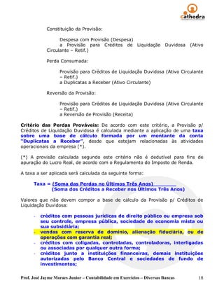 Prof. José Jayme Moraes Junior – Contabilidade em Exercícios – Diversas Bancas 18
Constituição da Provisão:
Despesa com Provisão (Despesa)
a Provisão para Créditos de Liquidação Duvidosa (Ativo
Circulante – Retif.)
Perda Consumada:
Provisão para Créditos de Liquidação Duvidosa (Ativo Circulante
– Retif.)
a Duplicatas a Receber (Ativo Circulante)
Reversão da Provisão:
Provisão para Créditos de Liquidação Duvidosa (Ativo Circulante
– Retif.)
a Reversão de Provisão (Receita)
Critério das Perdas Prováveis: De acordo com este critério, a Provisão p/
Créditos de Liquidação Duvidosa é calculada mediante a aplicação de uma taxa
sobre uma base de cálculo formada por um montante da conta
“Duplicatas a Receber”, desde que estejam relacionadas às atividades
operacionais da empresa (*).
(*) A provisão calculada segundo este critério não é dedutível para fins de
apuração do Lucro Real, de acordo com o Regulamento do Imposto de Renda.
A taxa a ser aplicada será calculada da seguinte forma:
Taxa = (Soma das Perdas no Últimos Três Anos)
(Soma dos Créditos a Receber nos Últimos Três Anos)
Valores que não devem compor a base de cálculo da Provisão p/ Créditos de
Liquidação Duvidosa:
- créditos com pessoas jurídicas de direito público ou empresa sob
seu controle, empresa pública, sociedade de economia mista ou
sua subsidiária;
- vendas com reserva de domínio, alienação fiduciária, ou de
operações com garantia real;
- créditos com coligadas, controladas, controladoras, interligadas
ou associadas por qualquer outra forma;
- créditos junto a instituições financeiras, demais instituições
autorizadas pelo Banco Central e sociedades de fundo de
investimentos;
 