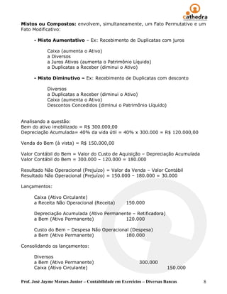 Prof. José Jayme Moraes Junior – Contabilidade em Exercícios – Diversas Bancas 8
Mistos ou Compostos: envolvem, simultaneamente, um Fato Permutativo e um
Fato Modificativo:
- Misto Aumentativo – Ex: Recebimento de Duplicatas com juros
Caixa (aumenta o Ativo)
a Diversos
a Juros Ativos (aumenta o Patrimônio Líquido)
a Duplicatas a Receber (diminui o Ativo)
- Misto Diminutivo – Ex: Recebimento de Duplicatas com desconto
Diversos
a Duplicatas a Receber (diminui o Ativo)
Caixa (aumenta o Ativo)
Descontos Concedidos (diminui o Patrimônio Líquido)
Analisando a questão:
Bem do ativo imobilizado = R$ 300.000,00
Depreciação Acumulada= 40% da vida útil = 40% x 300.000 = R$ 120.000,00
Venda do Bem (à vista) = R$ 150.000,00
Valor Contábil do Bem = Valor do Custo de Aquisição – Depreciação Acumulada
Valor Contábil do Bem = 300.000 – 120.000 = 180.000
Resultado Não Operacional (Prejuízo) = Valor da Venda – Valor Contábil
Resultado Não Operacional (Prejuízo) = 150.000 – 180.000 = 30.000
Lançamentos:
Caixa (Ativo Circulante)
a Receita Não Operacional (Receita) 150.000
Depreciação Acumulada (Ativo Permanente – Retificadora)
a Bem (Ativo Permanente) 120.000
Custo do Bem – Despesa Não Operacional (Despesa)
a Bem (Ativo Permanente) 180.000
Consolidando os lançamentos:
Diversos
a Bem (Ativo Permanente) 300.000
Caixa (Ativo Circulante) 150.000
 