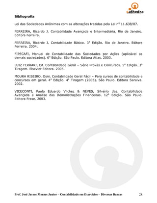 Bibliografia

Lei das Sociedades Anônimas com as alterações trazidas pela Lei n o 11.638/07.

FERREIRA, Ricardo J. Contabilidade Avançada e Intermediária. Rio de Janeiro.
Editora Ferreira.

FERREIRA, Ricardo J. Contabilidade Básica. 3 a Edição. Rio de Janeiro. Editora
Ferreira. 2004.

FIPECAFI, Manual de Contabilidade das Sociedades por Ações (aplicável as
demais sociedades). 6a Edição. São Paulo. Editora Atlas. 2003.

LUIZ FERRARI, Ed. Contabilidade Geral – Série Provas e Concursos. 5a Edição. 3a
Tiragem. Elsevier Editora. 2005.

MOURA RIBEIRO, Osni. Contabilidade Geral Fácil – Para cursos de contabilidade e
concursos em geral. 4a Edição. 4a Tiragem (2005). São Paulo. Editora Saraiva.
2002.

VICECONTI, Paulo Eduardo Vilchez & NEVES, Silvério das. Contabilidade
Avançada e Análise das Demonstrações Financeiras. 12 a Edição. São Paulo.
Editora Frase. 2003.




Prof. José Jayme Moraes Junior – Contabilidade em Exercícios – Diversas Bancas   28
 