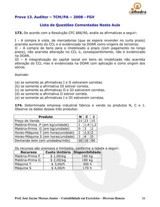 Prova 13. Auditor – TCM/PA – 2008 - FGV

                 Lista de Questões Comentadas Nesta Aula

173. De acordo com a Resolução CFC 686/90, avalie as afirmativas a seguir:

I - A compra à vista, de mercadorias (que se espera revender no curto prazo)
acarreta aumento do CCL e é evidenciada na DOAR como origens de terceiros.
II – A compra de bens para o imobilizado a prazo (com pagamento no longo
prazo), não acarreta alteração no CCL e, conseqüentemente, não é evidenciado
na DOAR.
III – A integralização do capital social em bens do imobilizado não acarreta
alteração do CCL mas é evidenciada na DOAR com aplicação e como origem dos
sócios.

Assinale:

(a) se somente as afirmativas I e II estiverem corretas.
(b) se somente a afirmativa III estiver correta.
(c) se somente as afirmativas II e III estiverem corretas.
(d) se somente a afirmativa II estiver correta.
(e) se somente as afirmativas I e III estiverem corretas.

174. Determinada empresa industrial fabrica e vende os produtos N, C e J.
Observe os dados desses três produtos:

              Produto                        N     C     J
Preço de Venda                               21   23    15
Matéria-Prima P (em kg/unidade)              1    1,4   1,2
Matéria-Prima G (em kg/unidade)              0    3     2
Horas-Máquina T (em horas/unidade)           2    2,5   2
Horas-Máquina S (em horas/unidade)           3    4     0
Demanda item (em unidades/mês)               50   10    80

Os recursos são onerosos e limitados, conforme a tabela a seguir:
   Recursos       Custo Unitário Disponibilidade
Matéria-Prima P      $ 1,00/kg           180 kg
Matéria-Prima G      $ 2,00/kg           180 kg
Máquina T             $ 3,00/h            300 h
Máquina S             $ 4,00/h            170 h




Prof. José Jayme Moraes Junior – Contabilidade em Exercícios – Diversas Bancas   36
 