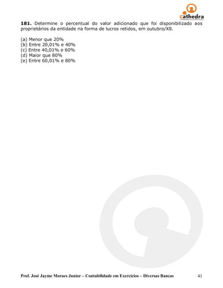 181. Determine o percentual do valor adicionado que foi disponibilizado aos
proprietários da entidade na forma de lucros retidos, em outubro/X8.

(a) Menor que 20%
(b) Entre 20,01% e 40%
(c) Entre 40,01% e 60%
(d) Maior que 80%
(e) Entre 60,01% e 80%




Prof. José Jayme Moraes Junior – Contabilidade em Exercícios – Diversas Bancas   41
 