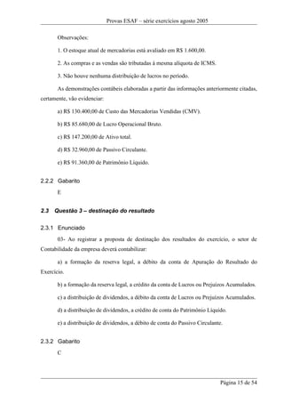 Provas ESAF – série exercícios agosto 2005

       Observações:

       1. O estoque atual de mercadorias está avaliado em R$ 1.600,00.

       2. As compras e as vendas são tributadas à mesma alíquota de ICMS.

       3. Não houve nenhuma distribuição de lucros no período.

       As demonstrações contábeis elaboradas a partir das informações anteriormente citadas,
certamente, vão evidenciar:

       a) R$ 130.400,00 de Custo das Mercadorias Vendidas (CMV).

       b) R$ 85.680,00 de Lucro Operacional Bruto.

       c) R$ 147.200,00 de Ativo total.

       d) R$ 32.960,00 de Passivo Circulante.

       e) R$ 91.360,00 de Patrimônio Líquido.


2.2.2 Gabarito
       E


2.3   Questão 3 – destinação do resultado

2.3.1 Enunciado
       03- Ao registrar a proposta de destinação dos resultados do exercício, o setor de
Contabilidade da empresa deverá contabilizar:

       a) a formação da reserva legal, a débito da conta de Apuração do Resultado do
Exercício.

       b) a formação da reserva legal, a crédito da conta de Lucros ou Prejuízos Acumulados.

       c) a distribuição de dividendos, a débito da conta de Lucros ou Prejuízos Acumulados.

       d) a distribuição de dividendos, a crédito de conta do Patrimônio Líquido.

       e) a distribuição de dividendos, a débito de conta do Passivo Circulante.


2.3.2 Gabarito
       C




                                                                               Página 15 de 54
 