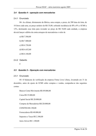 Provas ESAF – série exercícios agosto 2005

2.4   Questão 4 – operação com mercadorias

2.4.1 Enunciado
          04- Ao efetuar, diretamente da fábrica, uma compra, a prazo, de 200 latas de tinta, de
18 litros cada uma, ao preço unitário de R$ 35,00, sofrendo incidência de IPI a 8% e ICMS a
12%, destinando essa tinta para revender ao preço de R$ 54,00 cada unidade, a empresa
deverá lançar a débito da conta estoques de mercadorias o valor de

          a) R$ 7.560,00

          b) R$ 7.000,00

          c) R$ 6.720,00

          d) R$ 6.652,80

          e) R$ 6.160,00


2.4.2 Gabarito
          C


2.5   Questão 5 – Operação com mercadorias

2.5.1 Enunciado
          05- O balancete de verificação da empresa Firma Livre Libery, levantado em 31 de
dezembro, antes do ajuste de ICMS sobre compras e vendas, compunha-se das seguintes
contas:

          Bancos Conta Movimento R$ 49.000,00

          Caixa R$ 35.000,00

          Capital Social R$ 20.000,00

          Compras de Mercadorias R$120.000,00

          CONFINS R$ 190,00

          Fornecedores R$ 40.000,00

          Impostos e Taxas R$ 2.300,00

          Juros Ativos R$ 1.100,00



                                                                                Página 16 de 54
 