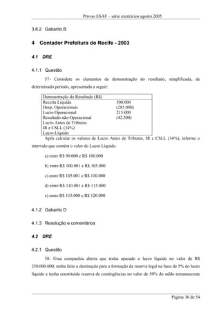 Provas ESAF – série exercícios agosto 2005

3.8.2 Gabarito B


4 Contador Prefeitura do Recife - 2003

4.1   DRE

4.1.1 Questão
       57- Considere os elementos da demonstração do resultado, simplificada, de
determinado período, apresentada a seguir:

      Demonstração do Resultado (R$)
      Receita Líquida                       500.000
      Desp. Operacionais                    (285.000)
      Lucro Operacional                     215.000
      Resultado não-Operacional             (42.500)
      Lucro Antes de Tributos
      IR e CSLL (34%)
      Lucro Líquido
       Após calcular os valores de Lucro Antes de Tributos, IR e CSLL (34%), informe o
intervalo que contém o valor do Lucro Líquido.

       a) entre R$ 90.000 e R$ 100.000

       b) entre R$ 100.001 e R$ 105.000

       c) entre R$ 105.001 e R$ 110.000

       d) entre R$ 110.001 e R$ 115.000

       e) entre R$ 115.000 e R$ 120.000


4.1.2 Gabarito D

4.1.3 Resolução e comentários

4.2   DRE

4.2.1 Questão
       58- Uma companhia aberta que tenha apurado o lucro líquido no valor de R$
250.000.000, tenha feito a destinação para a formação da reserva legal na base de 5% do lucro
líquido e tenha constituído reserva de contingências no valor de 50% do saldo remanescente




                                                                             Página 30 de 54
 