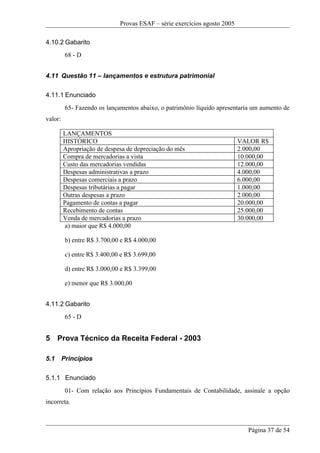 Provas ESAF – série exercícios agosto 2005

4.10.2 Gabarito
          68 - D


4.11 Questão 11 – lançamentos e estrutura patrimonial

4.11.1 Enunciado
          65- Fazendo os lançamentos abaixo, o patrimônio líquido apresentaria um aumento de
valor:

         LANÇAMENTOS
         HISTÓRICO                                                         VALOR R$
         Apropriação de despesa de depreciação do mês                      2.000,00
         Compra de mercadorias a vista                                     10.000,00
         Custo das mercadorias vendidas                                    12.000,00
         Despesas administrativas a prazo                                  4.000,00
         Despesas comerciais a prazo                                       6.000,00
         Despesas tributárias a pagar                                      1.000,00
         Outras despesas a prazo                                           2.000,00
         Pagamento de contas a pagar                                       20.000,00
         Recebimento de contas                                             25.000,00
         Venda de mercadorias a prazo                                      30.000,00
         a) maior que R$ 4.000,00

          b) entre R$ 3.700,00 e R$ 4.000,00

          c) entre R$ 3.400,00 e R$ 3.699,00

          d) entre R$ 3.000,00 e R$ 3.399,00

          e) menor que R$ 3.000,00


4.11.2 Gabarito
          65 - D


5 Prova Técnico da Receita Federal - 2003

5.1      Princípios

5.1.1 Enunciado
          01- Com relação aos Princípios Fundamentais de Contabilidade, assinale a opção
incorreta.



                                                                              Página 37 de 54
 