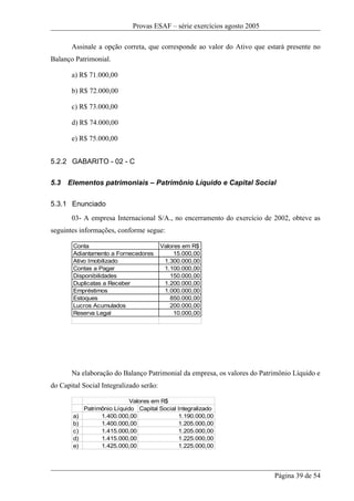 Provas ESAF – série exercícios agosto 2005

       Assinale a opção correta, que corresponde ao valor do Ativo que estará presente no
Balanço Patrimonial.

       a) R$ 71.000,00

       b) R$ 72.000,00

       c) R$ 73.000,00

       d) R$ 74.000,00

       e) R$ 75.000,00


5.2.2 GABARITO - 02 - C

5.3   Elementos patrimoniais – Patrimônio Líquido e Capital Social

5.3.1 Enunciado
       03- A empresa Internacional S/A., no encerramento do exercício de 2002, obteve as
seguintes informações, conforme segue:

       Conta                             Valores em R$
       Adiantamento a Fornecedores            15.000,00
       Ativo Imobilizado                  1.300.000,00
       Contas a Pagar                     1.100.000,00
       Disponibilidades                     150.000,00
       Duplicatas a Receber               1.200.000,00
       Empréstimos                        1.000.000,00
       Estoques                             850.000,00
       Lucros Acumulados                    200.000,00
       Reserva Legal                          10.000,00




       Na elaboração do Balanço Patrimonial da empresa, os valores do Patrimônio Líquido e
do Capital Social Integralizado serão:

                             Valores em R$
            Patrimônio Líquido Capital Social Integralizado
       a)         1.400.000,00                1.190.000,00
       b)         1.400.000,00                1.205.000,00
       c)         1.415.000,00                1.205.000,00
       d)         1.415.000,00                1.225.000,00
       e)         1.425.000,00                1.225.000,00




                                                                          Página 39 de 54
 