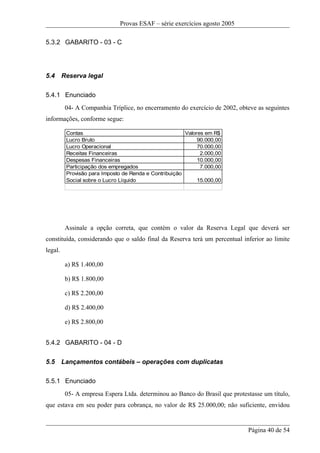 Provas ESAF – série exercícios agosto 2005

5.3.2 GABARITO - 03 - C




5.4      Reserva legal

5.4.1 Enunciado
          04- A Companhia Tríplice, no encerramento do exercício de 2002, obteve as seguintes
informações, conforme segue:

          Contas                                        Valores em R$
          Lucro Bruto                                        90.000,00
          Lucro Operacional                                  70.000,00
          Receitas Financeiras                                2.000,00
          Despesas Financeiras                               10.000,00
          Participação dos empregados                         7.000,00
          Provisão para Imposto de Renda e Contribuição
          Social sobre o Lucro Líquido                       15.000,00




          Assinale a opção correta, que contém o valor da Reserva Legal que deverá ser
constituída, considerando que o saldo final da Reserva terá um percentual inferior ao limite
legal.

          a) R$ 1.400,00

          b) R$ 1.800,00

          c) R$ 2.200,00

          d) R$ 2.400,00

          e) R$ 2.800,00


5.4.2 GABARITO - 04 - D

5.5      Lançamentos contábeis – operações com duplicatas

5.5.1 Enunciado
          05- A empresa Espera Ltda. determinou ao Banco do Brasil que protestasse um título,
que estava em seu poder para cobrança, no valor de R$ 25.000,00; não suficiente, envidou


                                                                             Página 40 de 54
 