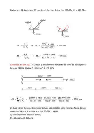 Dados: φ1 = 12,5 mm ; φ2 = 20 mm; L1 = 1,0 m; L2 = 2,0 m; Ε1 = 205 GPa; Ε2 = 120 GPa
mm14,0
7,12210x205
1000x1,3536
L
AE
LF
L 31
11
11
1 =
⋅
=∆→=∆
mm19,0
2,31410x120
2000x1,3536
L
AE
LF
L 31
22
22
2 =
⋅
=∆→=∆
Exercícios do item 3.2: 1) Calcule o deslocamento horizontal do ponto de aplicação da
força de 200 kN. Dados: A = 800 mm2
; Ε = 70 GPa
mm18,22
80010x70
1800x000.250
80010x70
3600x000.80
80010x70
5400x000.200
AE
LF
H 333
n
1i ii
ii
=
⋅
+
⋅
−
⋅
==∆ ∑
=
2) Duas barras de seção transversal circular são soldadas como mostra a figura. Sendo
dados: φ1= 14 mm; φ2 = 8 mm; Ε1= Ε2 = 70 GPa, calcule:
a) a tensão normal nas duas barras;
b) o alongamento da barra.
 