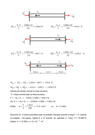 N6,384.1
6,2
8,1x000.2
L
b.F
H 11
A === N4,615
6,2
8,0x000.2
L
a.F
H 11
B ===
N7,807
6,2
6,0x500.3
L
b.F
H 22
A === N3,692.2
6,2
0,2x500.3
L
a.F
H 22
B ===
N9,5767,8076,384.1HHH 2
A
1
AA =−=+=
N9,076.23,692.24,615HHH 2
B
1
BB =+−=+=
Cálculo da tensão normal no meio da barra:
F = força normal axial no meio da barra
F = − HÁ + F1 = − 576,9 + 2.000 = 1.423,1 N
Ou: F = − HB + F2 = − 2.076,9 + 3.500 = 1.423,1 N
Então: MPa1,7:oumm/N1,7
200
1,423.1
A
F 2
=σ===σ
Exercício 5): A barra prismática está na posição indicada quando a força F = 0. Calcule
as reações nos apoios rígidos A e B quando for aplicada a força F = 18.000 N.
Dados: Ε = 1,5 GPa; Α = 5 x 10 − 3
m2
 