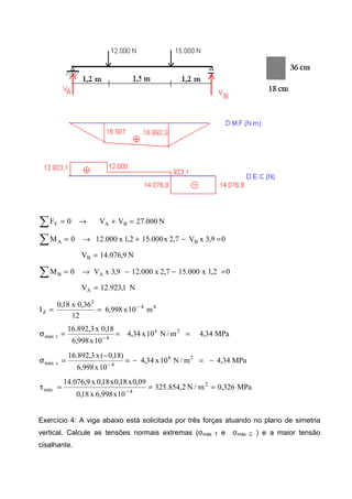 N000.27VV0F BAY =+→=∑
09,3xV7,2x000.152,1x000.120M BA =−+→=∑
N9,076.14VB =
02,1x000.157,2x000.129,3xV0M AB =−−→=∑
N1,923.12VA =
44
3
Z m10x998,6
12
36,0x18,0
I −
==
MPa34,4m/N10x34,4
10x998,6
18,0x3,892.16 26
4tmáx ===σ −
MPa34,4m/N10x34,4
10x998,6
)18,0(x3,892.16 26
4cmáx −=−=
−
=σ −
MPa326,0m/N2,854.325
10x998,6x18,0
09,0x18,0x18,0x9,076.14 2
4máx ===τ −
Exercício 4: A viga abaixo está solicitada por três forças atuando no plano de simetria
vertical. Calcule as tensões normais extremas (σmáx T e σmáx C ) e a maior tensão
cisalhante.
 