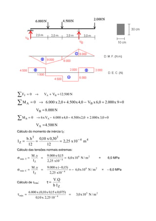 N500.12VV0F BAY =+→=∑
09x000.20,6xV0,4x500.40,2x000.60M BA =+−+→=∑
N000.8VB =
00,3x000.20,2x500.40,4x000.6Vx60M AB =+−−→=∑
N500.4VA =
Cálculo do momento de inércia IZ:
44
33
Z m10x25,2
12
30,0x10,0
12
h.b
I −
===
Cálculo das tensões normais extremas:
26
4
Z
Tmáx m/N10x0,6
10x25,2
15,0x000.9
I
y.M
===σ −
= 6,0 MPa
26
4
Z
Cmáx m/N10x0,6
10x25,2
)15,0(x000.9
I
y.M
−=
−
==σ −
= − 6,0 MPa
Cálculo de τmáx:
ZIb
Q.V
=τ
25
4máx m/N10x0,3
1025,2x10,0
)075,0x15,0x10,0(x000.6
==τ −
 