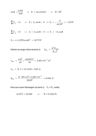 o
60)5,0(cosarc
69,0
345,0
cos =θ→=θ→=θ
P155,1
60sen
P
F0senFP0F o22Y
−=−=→=θ+→=∑
θ−=→=θ+→=∑ cosFF0cosFF0F 2121X
P5775,060cos)P155,1(F o
1 =−−=
Cálculo da carga crítica da barra 2:
( )2
fl
min
2
CR
L
IE
P
π
=
49
44
min m10x485,2
64
)015,0(
64
D
I −
=
π
=
π
=
m69,069,0x0,1LKLfl ==⋅=
( )
N560.10
69,0
10x485,2x10x205
P 2
992
CR =
⋅π
=
−
Para que ocorra flambagem da barra 2: F2 = Pcr, então:
N9,142.9P560.10P155,1 =→=
 