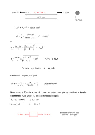 22
mm68,126)35,6(A =π=
2
2x mm/N71
)mm(68,126
)N(000.9
A
F
===σ
a)
( )2
xy
2
yxyx
2
1
22
τ+






 σ−σ
±
σ+σ
=σ
( )2
2
2
1 0
2
071
2
071
+




 −
±
+
=σ 5,355,35 ±=
De onde: MPa711 =σ e 02 =σ
Cálculo das direções principais:
0
0
7171
0
tan
x1
xy
1 =
−
=
σ−σ
τ
=θ (indeterminado)
Neste caso, a fórmula acima não pode ser usada. Nos planos principais a tensão
cisalhante é nula. Então, σx e σy são tensões principais:
o
11x 90;MPa71 =θ=σ=σ
o
22y 0;0 =θ=σ=σ
 