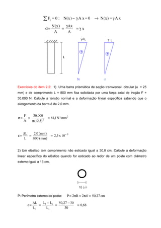 xA)x(N0xA)x(N:0Fy γ=→=γ−=∑
x
A
Ax
A
)x(N
γ=
γ
==σ
Exercícios do item 2.2: 1) Uma barra prismática de seção transversal circular (φ = 25
mm) e de comprimento L = 800 mm fica solicitada por uma força axial de tração F =
30.000 N. Calcule a tensão normal e a deformação linear específica sabendo que o
alongamento da barra é de 2,0 mm.
2
2
mm/N1,61
)5,12(
000.30
A
F
=
π
==σ
3
10x5,2
)mm(800
)mm(0,2
L
L −
==
∆
=ε
2) Um elástico tem comprimento não esticado igual a 30,0 cm. Calcule a deformação
linear específica do elástico quando for esticado ao redor de um poste com diâmetro
externo igual a 16 cm.
P: Perímetro externo do poste: cm27,508.2R2P =π=π=
68,0
30
3027,50
L
LL
L
L
i
if
i
=
−
=
−
=
∆
=ε
 