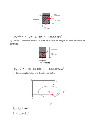 3
_
Z mm000.86436012020AyQ =⋅⋅=⋅=
3) Calcule o momento estático da área hachurada em relação ao eixo horizontal do
centróide.
3
_
Z mm000.400.2120200100AyQ =⋅⋅=⋅=
• Demonstração do teorema dos eixos paralelos
2
|ZZ a.AII +=
2
|YY b.AII +=
 