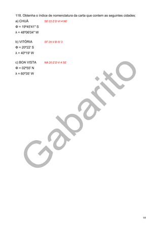 118. Obtenha o índice de nomenclatura da carta que contem as seguintes cidades:
a) CHUÁ           SE 22 Z D VI 4 NE

Φ = 19º45'41" S
λ = 48º06'04" W

b) VITÓRIA        SF 24 V B IV 3

Φ = 20º22' S
λ = 40º19' W

c) BOA VISTA      NA 20 Z D V 4 SE

Φ = 02º55' N
λ = 60º35' W




                                                                                  44
 
