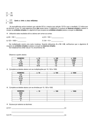 12   48
   =
25 100

1 125 Cento e vinte e cinco milésimos
 =
8 1000
    As equivalências acima mostram que calcular 6/5 é o mesmo que calcular 12/10 e que o resultado 1,2 indica que
ao divirmos 12 por 10, cada algarismo ficou dez vezes menor. O algarismo 1 ocupava as dezenas simples e passou a
ocupar as unidades simples e o algarismo 2 que ocupava as unidades simples passou a ocupar os décimos.

 Utilizando estes resultados dê os valores sem armar as contas:

a) 48 ÷ 100 = ____________                        e) 23 ÷ 100 = ______________

b) 125 ÷ 1000 = __________                        f) 124 ÷ 10 = ______________

   Na multiplicação ocorre uma outra mudança. Quando efetuamos 2 x 10 = 20, verificamos que o algarismo 2
ocupava as unidades simples e passou a ocupar as dezenas simples.
   Se multiplicarmos então 1,2 por 10, encontramos 12.



   Observe o quadro abaixo:

               NÚMERO                     x 10                     x 100                 x 1000
                  12                      120                       1200                  12000
                 1,23                     12,3                      123                   1230
                0,120                      1,2                       12                    120
                0,012                     0,12                       1,2                    12

 Complete as tabelas abaixo com as multiplicações por 10, 100 e 1000.

               NÚMERO                     x 10                     x 100                 x 1000
                 3,5
                 2,75
                0,172
                 0,03
                  32
                   5

 Complete as tabelas abaixo com as divisões por 10, 100 e 1000.

               NÚMERO                     ÷ 10                     ÷ 100                 ÷ 1000
                 3200
                 320
                  32
                  3,2
                   3

 Escreva por extenso os decimais:

a) 3,5 - ______________________________________________________________ou

       _____________________________________________________________

b) 2,75 - _____________________________________________________________ou
 