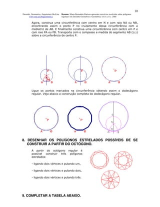 10
Desenho, Geometria e Arquitetura On-Line   Resumo. Maria Bernadete Barison apresenta exercícios resolvidos sobre polígonos
      www.mat.uel.br/geometrica            regulares em Desenho Geométrico. Geométrica vol.1 n.11c. 2005


         Agora, construa uma circunferência com centro em N e com raio NA ou NB,
         encontrando assim o ponto P no cruzamento dessa circunferência com a
         mediatriz de AB. E finalmente construa uma circunferência com centro em P e
         com raio PA ou PB. Transporte com o compasso a medida do segmento AB (L12)
         sobre a circunferência de centro P.




         Ligue os pontos marcados na circunferência obtendo assim o dodecágono
         regular. Veja abaixo a construção completa do dodecágono regular.




8. DESENHAR OS POLÍGONOS ESTRELADOS POSSÍVEIS DE SE
   CONSTRUIR A PARTIR DO OCTÓGONO.
         A partir do octógono regular é
         possível construir três polígonos
         estrelados:

         - ligando dois vértices e pulando um,

         - ligando dois vértices e pulando dois,

         - ligando dois vértices e pulando três.




9. COMPLETAR A TABELA ABAIXO.
 