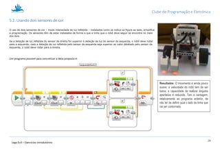Clube de Programação e Eletrónica
28
Lego Ev3 – Exercícios introdutórios
5.2. Usando dois sensores de cor
O uso de dois sensores de cor – modo intensidade de luz refletida – instalados como se indica na figura ao lado, simplifica
a programação. Os sensores têm de estar instalados de forma a que a linha que o robô deve seguir se encontre no meio
dos dois.
Se a deteção de luz refletida do sensor da direita for superior à deteção da luz do sensor da esquerda, o robô deve rodar
para a esquerda; caso a deteção de luz refletida pelo sensor da esquerda seja superior ao valor detetado pelo sensor da
esquerda, o robô deve rodar para a direita.
Um programa possível para concretizar a ideia proposta é:
Resultados: O movimento é ainda pouco
suave; a velocidade do robô tem de ser
baixa; a capacidade de realizar ângulos
apertados é reduzida. Tem a vantagem,
relativamente ao programa anterior, de
não ter de definir qual o lado da linha que
vai ser contornado.
 