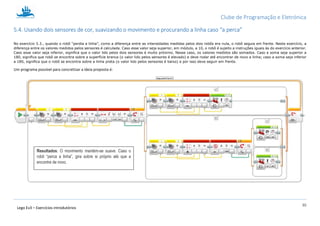 Clube de Programação e Eletrónica
30
Lego Ev3 – Exercícios introdutórios
5.4. Usando dois sensores de cor, suavizando o movimento e procurando a linha caso “a perca”
No exercício 5.3., quando o robô “perdia a linha”, como a diferença entre as intensidades medidas pelos dois robôs era nula, o robô seguia em frente. Neste exercício, a
diferença entre os valores medidos pelos sensores é calculada. Caso esse valor seja superior, em módulo, a 10, o robô é sujeito a instruções iguais às do exercício anterior.
Caso esse valor seja inferior, significa que o valor lido pelos dois sensores é muito próximo. Nesse caso, os valores medidos são somados. Caso a soma seja superior a
180, significa que robô se encontra sobre a superfície branca (o valor lido pelos sensores é elevado) e deve rodar até encontrar de novo a linha; caso a soma seja inferior
a 180, significa que o robô se encontra sobre a linha preta (o valor lido pelos sensores é baixo) e por isso deve seguir em frente.
Um programa possível para concretizar a ideia proposta é:
Resultados: O movimento mantém-se suave. Caso o
robô “perca a linha”, gira sobre si próprio até que a
encontre de novo.
 