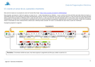 Clube de Programação e Eletrónica
31
Lego Ev3 – Exercícios introdutórios
5.5. Usando um sensor de cor, suavizando o movimento
Este exercício baseia-se na proposta do canal de Youtube Blue Angel: https://www.youtube.com/watch?v=ODAGVeeDagk
Esta proposta, que assume o robô com apenas um sensor de cor – modo intensidade de luz refletida – e que o contorno da linha será feito pelo lado direito da mesma, a
velocidade de cada um dos motores é controlada individualmente. Para tal, recorre-se à diferença entre o valor lido pelo sensor e o valor que seria lido caso este estivesse
sobre a parte branca da pista e à diferença entre o valor lido pelo sensor e o valor que seria lido caso este estivesse sobre a linha preta. Cada uma destas diferenças é
multiplicada por um fator de 0,3 e enviada para a velocidade com que os motores da direita e da esquerda, respetivamente, se devem movimentar. O fator de 0,3 pretende
reduzir a velocidade do motor (relativamente à obtida caso a diferença fosse colocada “em bruto” na velocidade de cada motor) e pode ser modificado.
O programa proposto é o seguinte:
Resultados: O movimento mantém-se suave, mas menos rigoroso no seguimento da linha que o obtido no exercício 5.4.
 