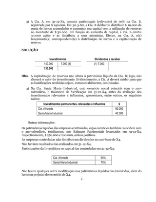 3) A Cia. A, em 31-12-X1, possuía participação (relevante) de 70% na Cia. B,
      registrada por $ 140.000. Em 30-3-X2, a Cia. B deliberou distribuir $ 10.000 da
      conta de lucros acumulados e aumentar seu capital com a utilização de reservas
      no montante de $ 30.000. Em função do aumento de capital, a Cia. B emitiu
      30.000 ações e as distribuiu a seus acionistas. Efetue, na Cia. A, o(s)
      lançamento(s) correspondente(s) à distribuição de lucros e à capitalização de
      reserva.

SOLUÇÃO

                     Investimentos                      Dividendos a receber
                140.000         7.000 (1)               (1) 7.000
                133.000

Obs.: A capitalização de reservas não altera o patrimônio líquido da Cia. B; logo, não
      alterará o valor do investimento. Evidentemente, a Cia. A deverá cuidar para que
      as bonificações recebidas sejam, extracontabilmente, controladas.
   4) Na Cia. Santa Maria Industrial, cujo exercício social coincide com o ano-
      calendário, o Balancete de Verificação em 31-12-X4, antes da avaliação dos
      investimentos relevantes e influentes, apresentava, entre outros, os seguintes
      saldos:
               Investimentos permanentes, relevantes e influentes         $
           Cia. Alvorada                                                60.000
           Santa Maria Industrial                                       40.000


    Outras informações:
Os patrimônios líquidos das empresas controladas, cujos exercícios também coincidem com
o ano-calendário, totalizavam, nos Balanços Patrimoniais levantados em 31-12-X4,
respectivamente, $ 250.000 e 200.000, ambos positivos.
As empresas controladas não distribuíram dividendos no ano-base de X4.
Não haviam resultados não realizados em 31-12-X4.
Participações da Investidora no capital das controladas em 31-12-X4:


                          Cia. Alvorada                      60%
                          Santa Maria Industrial             70%

Não houve qualquer outra modificação nos patrimônios líquidos das Investidas, além do
lucro ou prejuízo do exercício de X4.
                                                   2
 